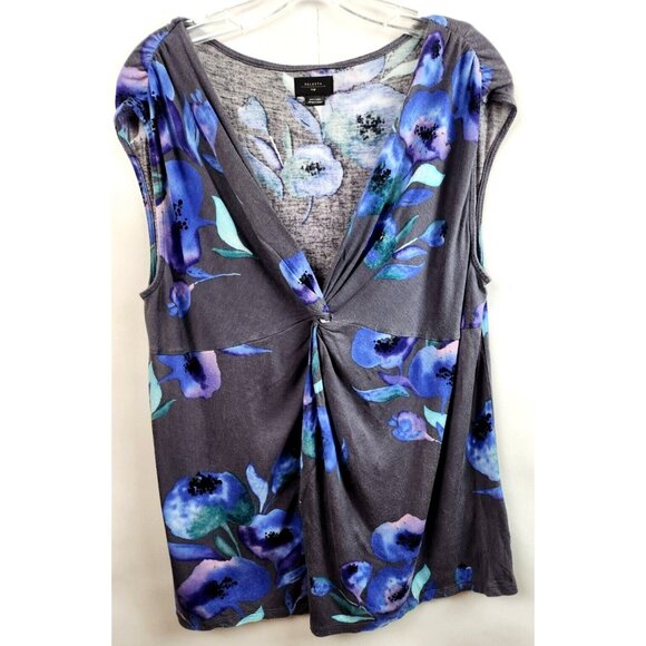Anthropologie Deletta Womens Floral Top Large Gray Blue Twist Front BOHO - Picture 1 of 5
